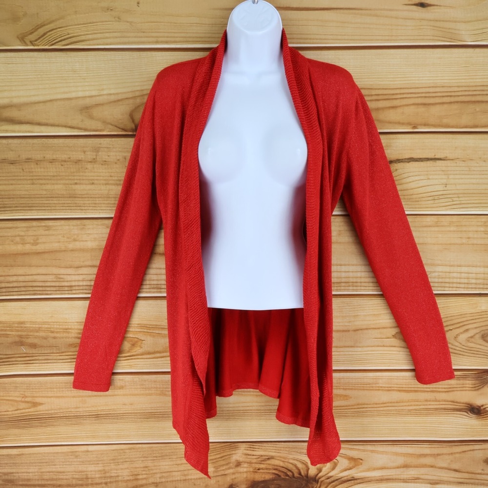 Erin London Cardigan Sweater Open Front Womens M Red Rayon Long Sleeves Glitter
